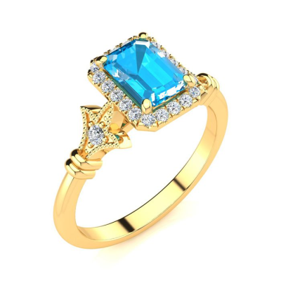 1 1/2 Carat Blue Topaz and Halo Diamond Vintage Ring In 14 Karat Yellow Gold