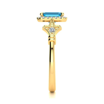 1 1/2 Carat Blue Topaz and Halo Diamond Vintage Ring In 14 Karat Yellow Gold