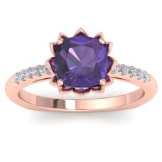 1 1/2 Carat Cushion Cut Amethyst and Diamond Ring In 14K Rose Gold