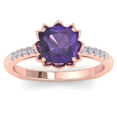 1 1/2 Carat Cushion Cut Amethyst and Diamond Ring In 14K Rose Gold