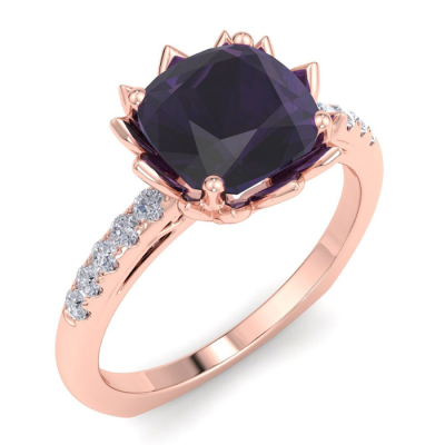 1 1/2 Carat Cushion Cut Amethyst and Diamond Ring In 14K Rose Gold