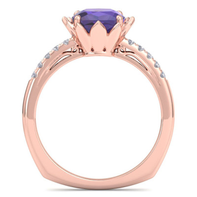 1 1/2 Carat Cushion Cut Amethyst and Diamond Ring In 14K Rose Gold