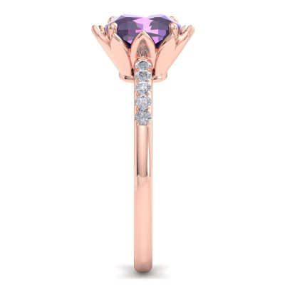 1 1/2 Carat Cushion Cut Amethyst and Diamond Ring In 14K Rose Gold