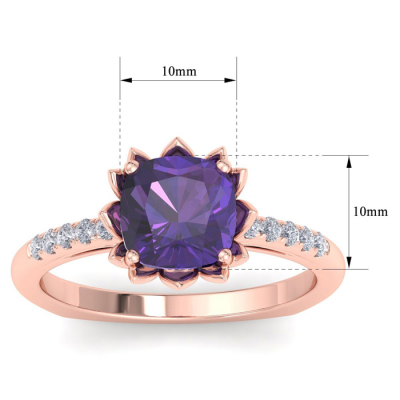 1 1/2 Carat Cushion Cut Amethyst and Diamond Ring In 14K Rose Gold