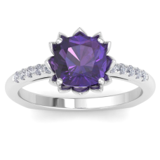 1 1/2 Carat Cushion Cut Amethyst and Diamond Ring In 14K White Gold
