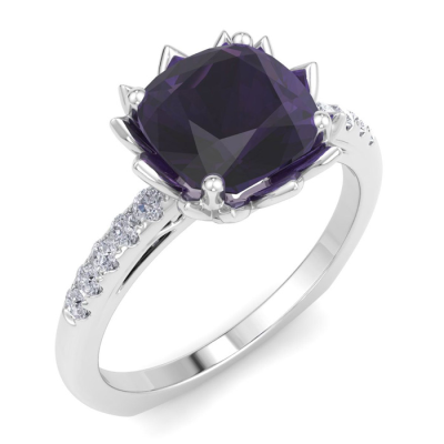 1 1/2 Carat Cushion Cut Amethyst and Diamond Ring In 14K White Gold