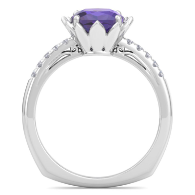 1 1/2 Carat Cushion Cut Amethyst and Diamond Ring In 14K White Gold