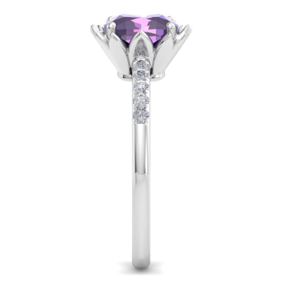 1 1/2 Carat Cushion Cut Amethyst and Diamond Ring In 14K White Gold