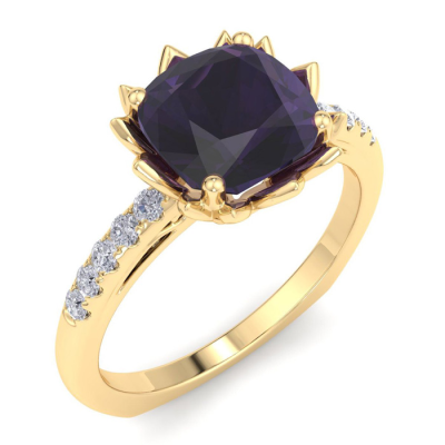 1 1/2 Carat Cushion Cut Amethyst and Diamond Ring In 14K Yellow Gold