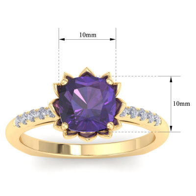 1 1/2 Carat Cushion Cut Amethyst and Diamond Ring In 14K Yellow Gold