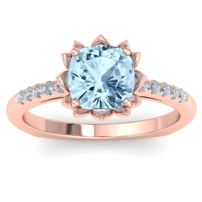1 1/2 Carat Cushion Cut Aquamarine and Diamond Ring In 14K Rose Gold