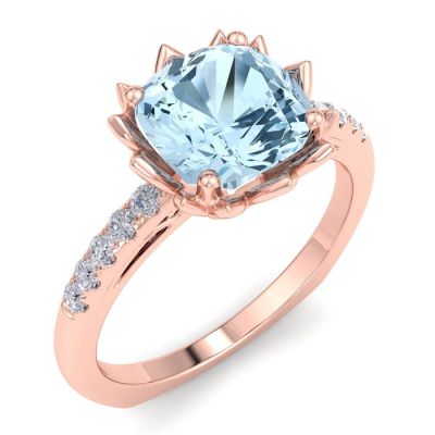 1 1/2 Carat Cushion Cut Aquamarine and Diamond Ring In 14K Rose Gold