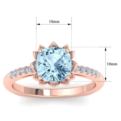 1 1/2 Carat Cushion Cut Aquamarine and Diamond Ring In 14K Rose Gold