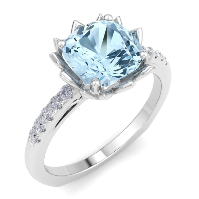 1 1/2 Carat Cushion Cut Aquamarine and Diamond Ring In 14K White Gold