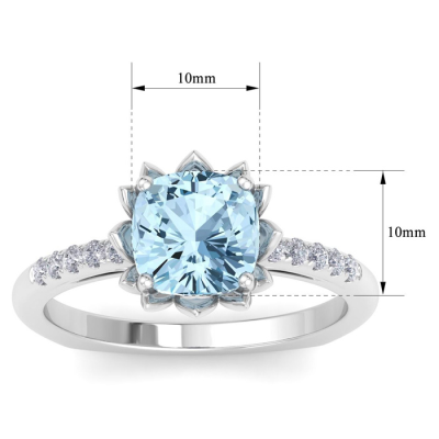 1 1/2 Carat Cushion Cut Aquamarine and Diamond Ring In 14K White Gold