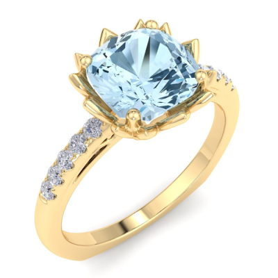 1 1/2 Carat Cushion Cut Aquamarine and Diamond Ring In 14K Yellow Gold