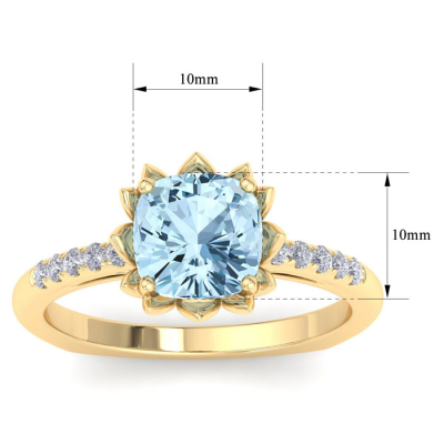 1 1/2 Carat Cushion Cut Aquamarine and Diamond Ring In 14K Yellow Gold