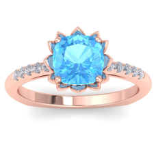 1 1/2 Carat Cushion Cut Blue Topaz and Diamond Ring In 14K Rose Gold