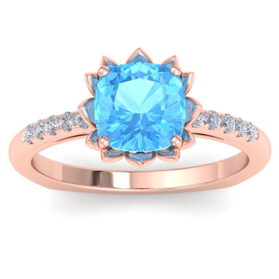 1 1/2 Carat Cushion Cut Blue Topaz and Diamond Ring In 14K Rose Gold