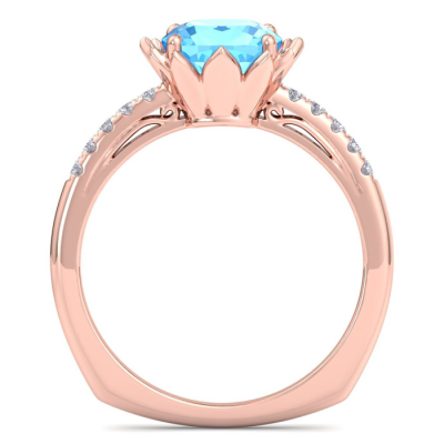 1 1/2 Carat Cushion Cut Blue Topaz and Diamond Ring In 14K Rose Gold