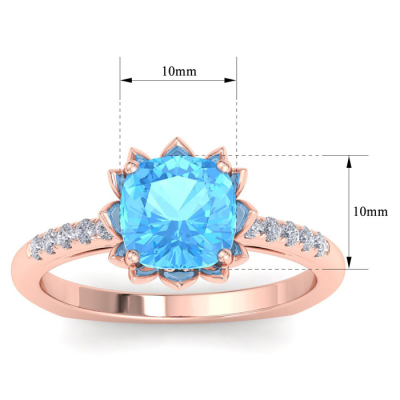 1 1/2 Carat Cushion Cut Blue Topaz and Diamond Ring In 14K Rose Gold