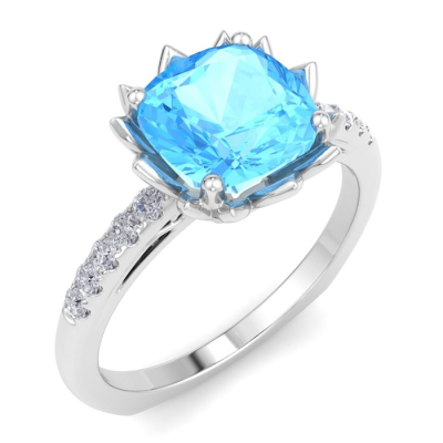 1 1/2 Carat Cushion Cut Blue Topaz and Diamond Ring In 14K White Gold