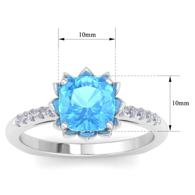 1 1/2 Carat Cushion Cut Blue Topaz and Diamond Ring In 14K White Gold