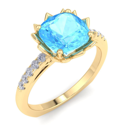 1 1/2 Carat Cushion Cut Blue Topaz and Diamond Ring In 14K Yellow Gold