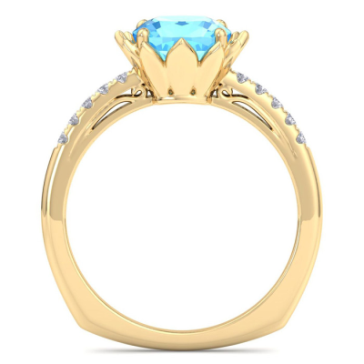 1 1/2 Carat Cushion Cut Blue Topaz and Diamond Ring In 14K Yellow Gold