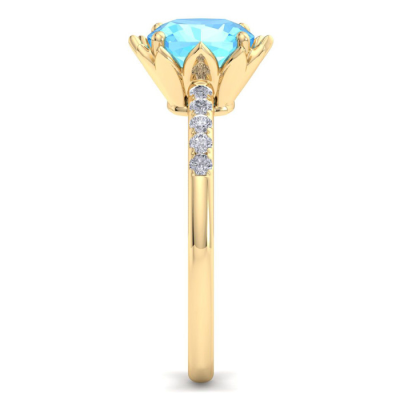 1 1/2 Carat Cushion Cut Blue Topaz and Diamond Ring In 14K Yellow Gold