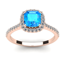 1 1/2 Carat Cushion Cut Blue Topaz and Halo Diamond Ring In 14K Rose Gold