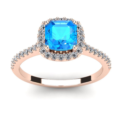 1 1/2 Carat Cushion Cut Blue Topaz and Halo Diamond Ring In 14K Rose Gold
