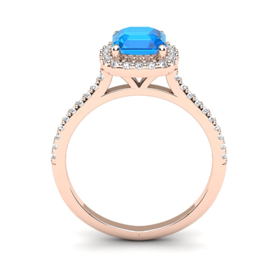 1 1/2 Carat Cushion Cut Blue Topaz and Halo Diamond Ring In 14K Rose Gold
