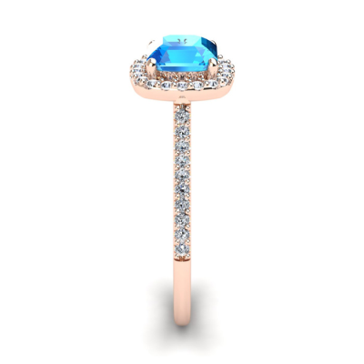 1 1/2 Carat Cushion Cut Blue Topaz and Halo Diamond Ring In 14K Rose Gold