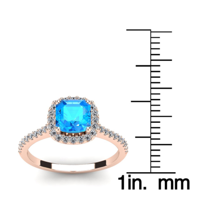 1 1/2 Carat Cushion Cut Blue Topaz and Halo Diamond Ring In 14K Rose Gold