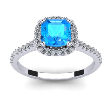 1 1/2 Carat Cushion Cut Blue Topaz and Halo Diamond Ring In 14K White Gold