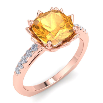 1 1/2 Carat Cushion Cut Citrine and Diamond Ring In 14K Rose Gold