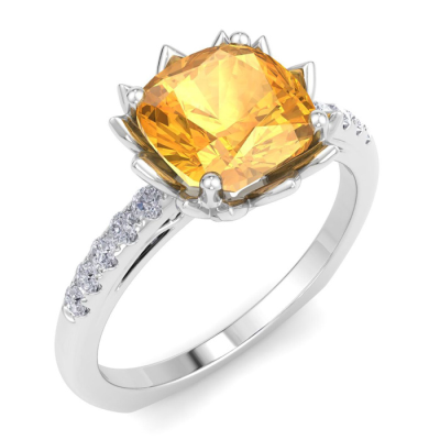 1 1/2 Carat Cushion Cut Citrine and Diamond Ring In 14K White Gold