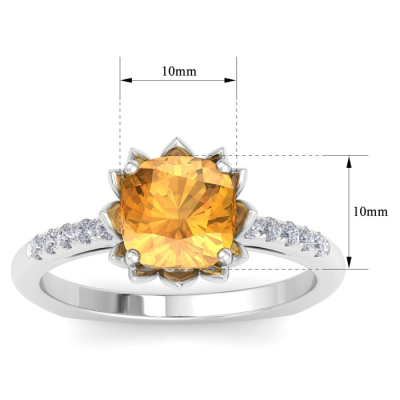 1 1/2 Carat Cushion Cut Citrine and Diamond Ring In 14K White Gold