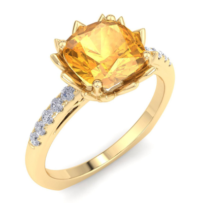 1 1/2 Carat Cushion Cut Citrine and Diamond Ring In 14K Yellow Gold