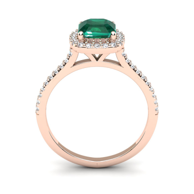 1 1/2 Carat Cushion Cut Created Emerald and Halo Diamond Ring In 14K Rose Gold
