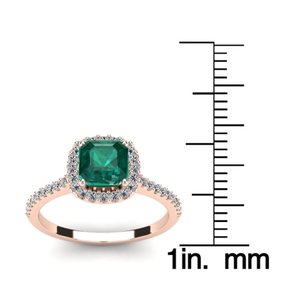 1 1/2 Carat Cushion Cut Created Emerald and Halo Diamond Ring In 14K Rose Gold