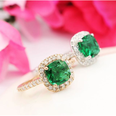 1 1/2 Carat Cushion Cut Created Emerald and Halo Diamond Ring In 14K Yellow Gold