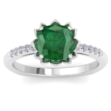 1 1/2 Carat Cushion Cut Emerald and Diamond Ring In 14K White Gold