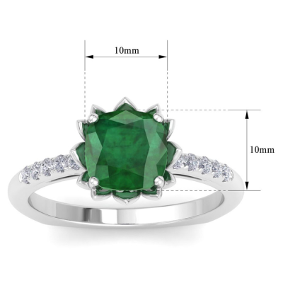1 1/2 Carat Cushion Cut Emerald and Diamond Ring In 14K White Gold