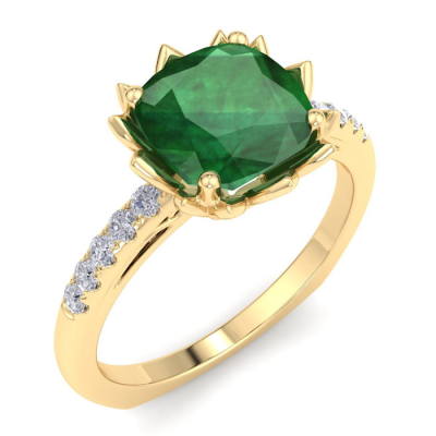 1 1/2 Carat Cushion Cut Emerald and Diamond Ring In 14K Yellow Gold