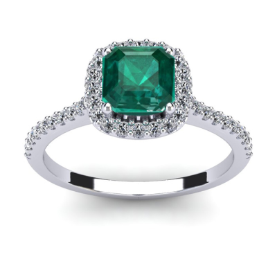 1 1/2 Carat Cushion Cut Emerald and Halo Diamond Ring In 14K White Gold