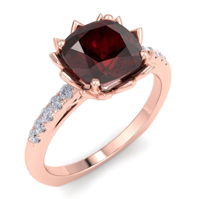 1 1/2 Carat Cushion Cut Garnet and Diamond Ring In 14K Rose Gold