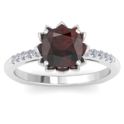 1 1/2 Carat Cushion Cut Garnet and Diamond Ring In 14K White Gold