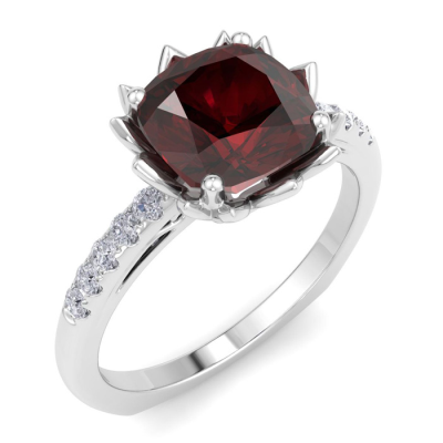 1 1/2 Carat Cushion Cut Garnet and Diamond Ring In 14K White Gold